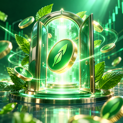 A luminous green minting portal surrounded by leaves and abstract tokens